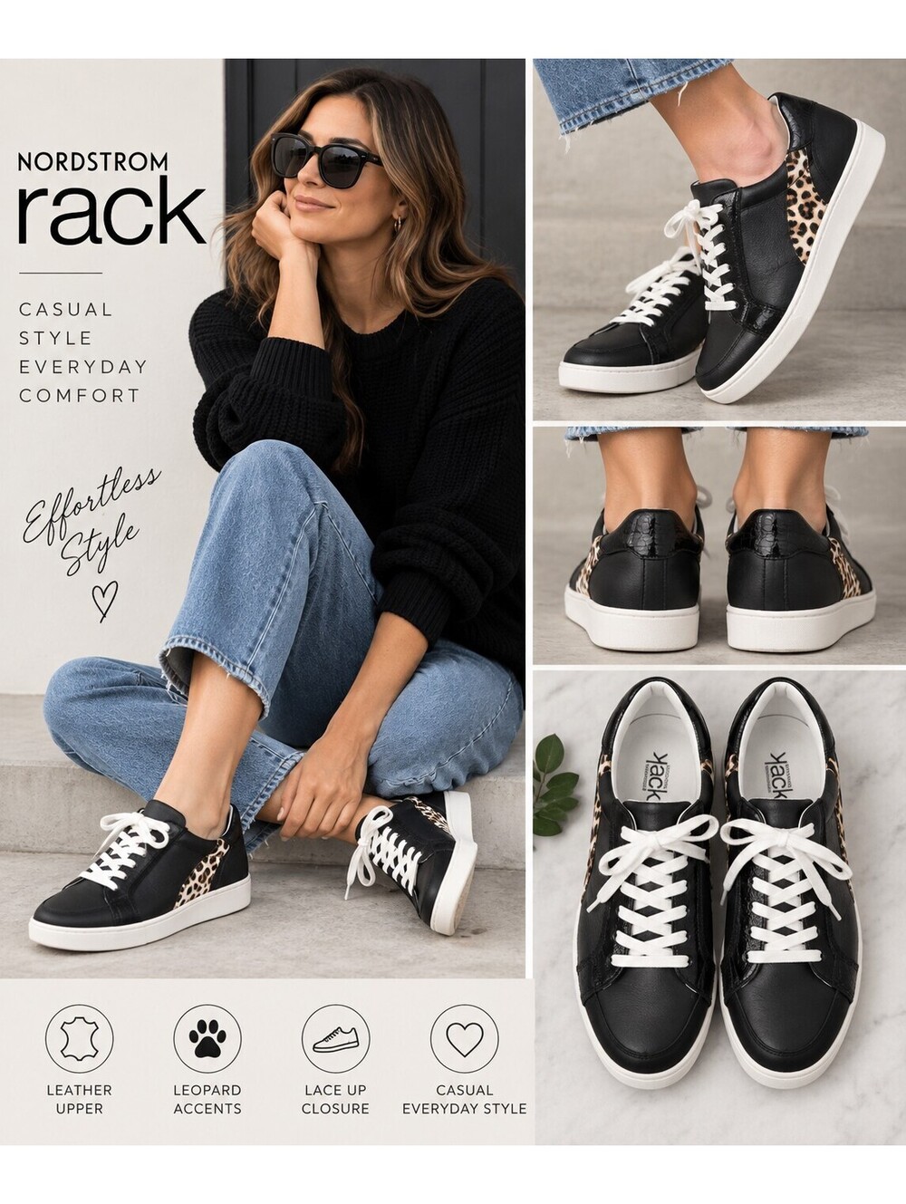 Nordstrom Rack Vernon Leather Sneakers 7.5 Black Leopard Hair On Low Top